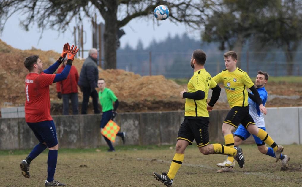 Der SV Robern (gelb) musste sich bereits am Samstag dem SV Neckargerach (blau) mit 1:2 geschlagen geben. Damit hängt der SVR weiter im Kampf um den Klassenerhalt fest. Foto: Stefan Weindl