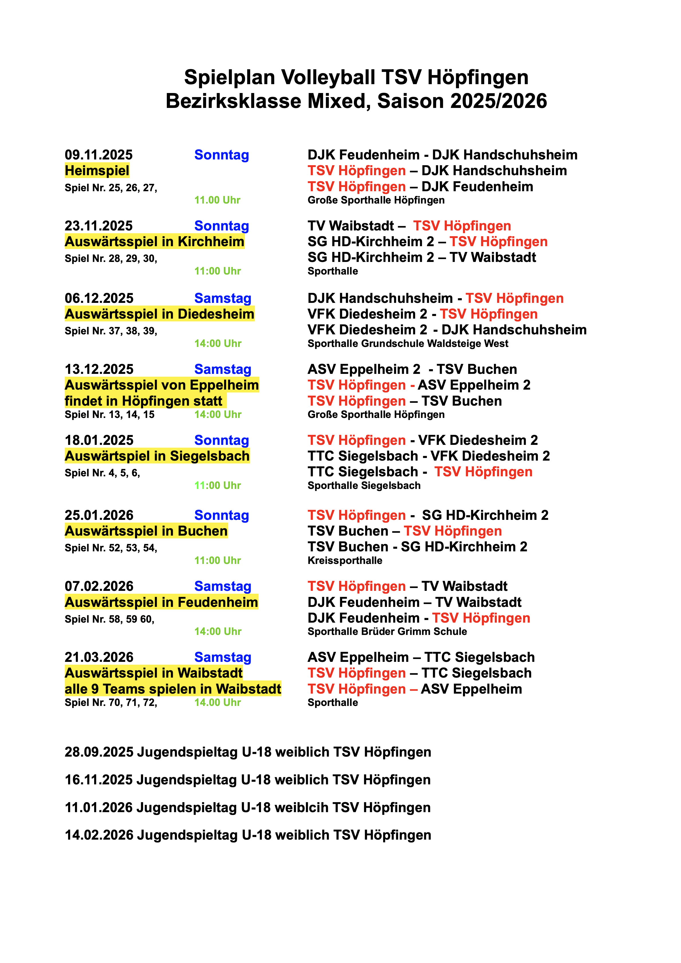 Spielplan Volleyball TSV Höpfingen