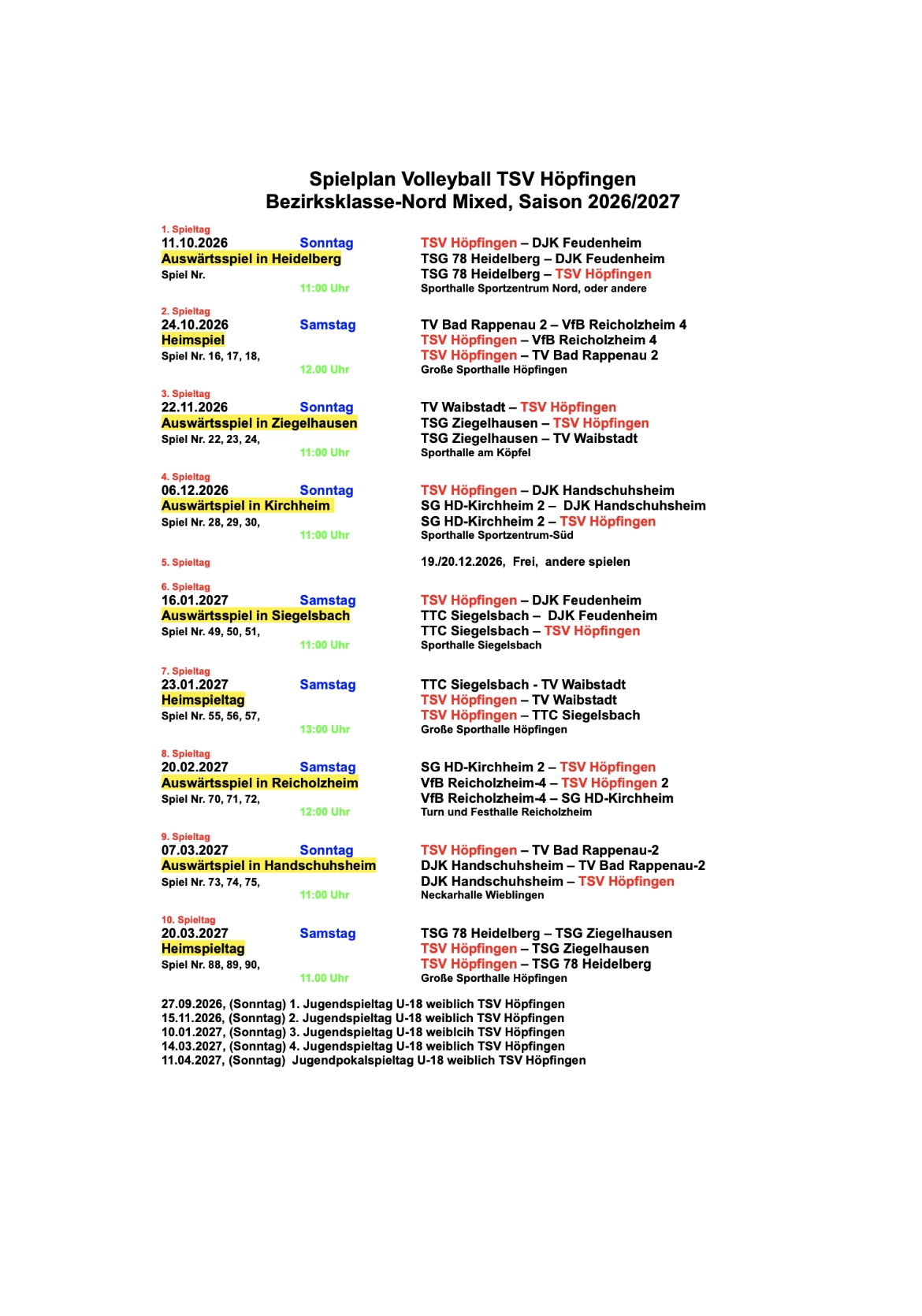 Spielplan Volleyball TSV Höpfingen