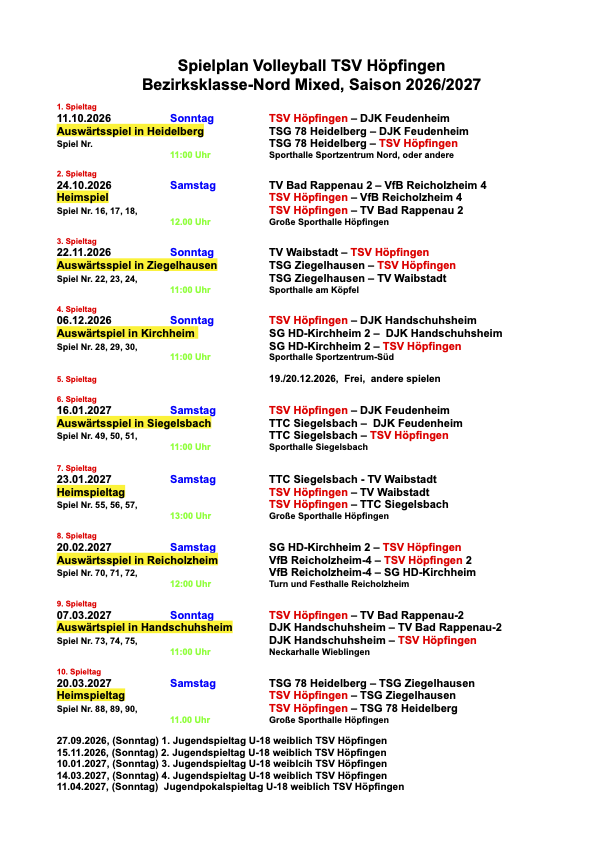 Spielplan Volleyball TSV Höpfingen