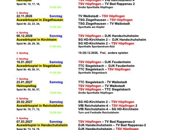 Spielplan Volleyball TSV Höpfingen