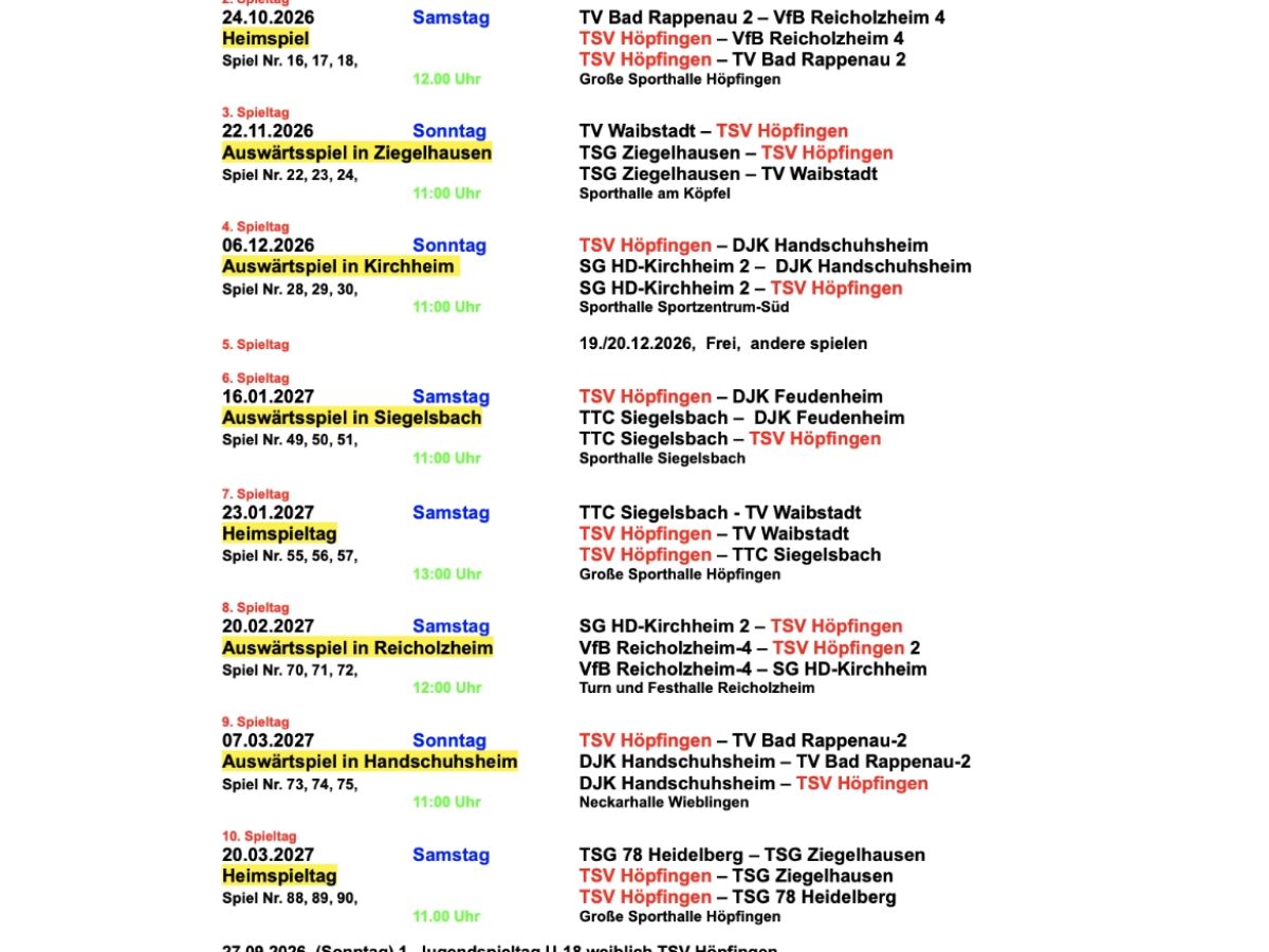 Spielplan Volleyball TSV Höpfingen